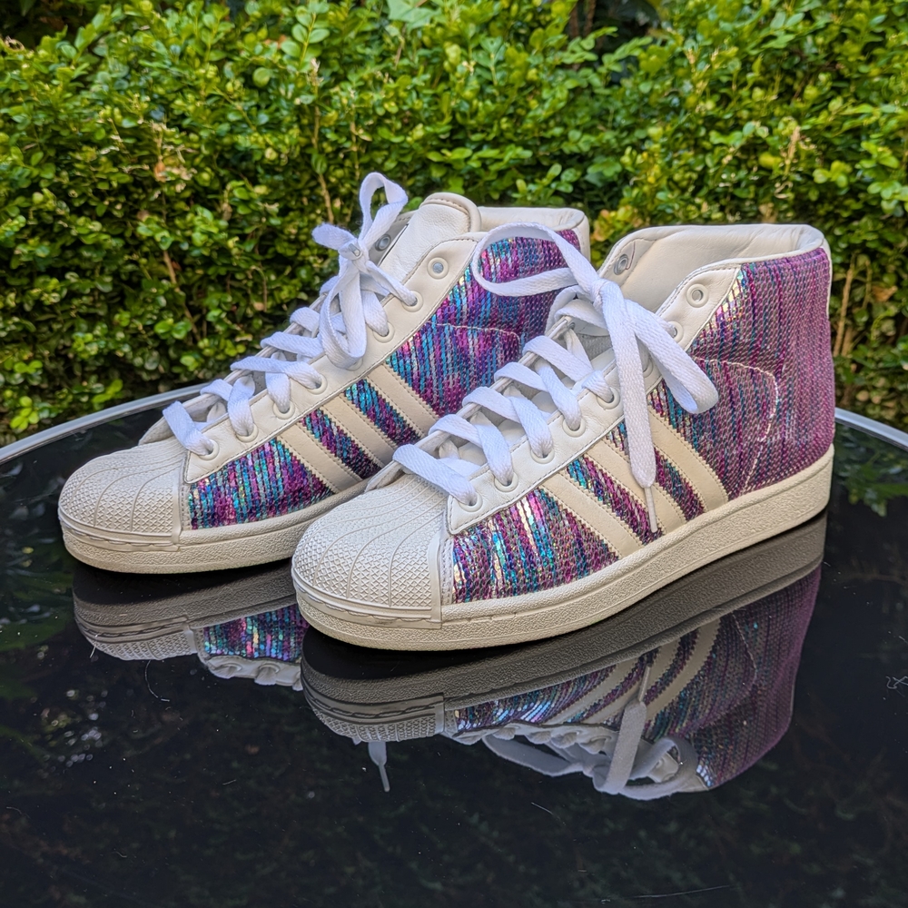 Adidas Rare Jeremy Scott Men's 9.5 Purple Sequin High-Top Sneaker Shoes Sambas